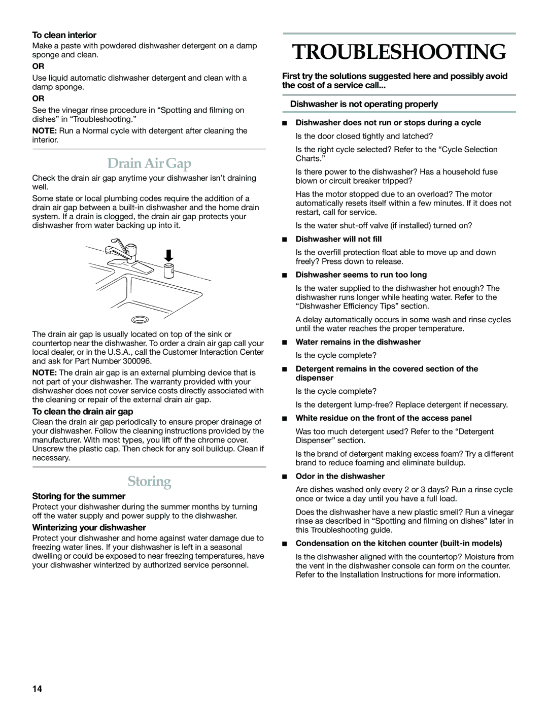 KitchenAid KUDS01FK manual Troubleshooting, Drain Air Gap, Storing 