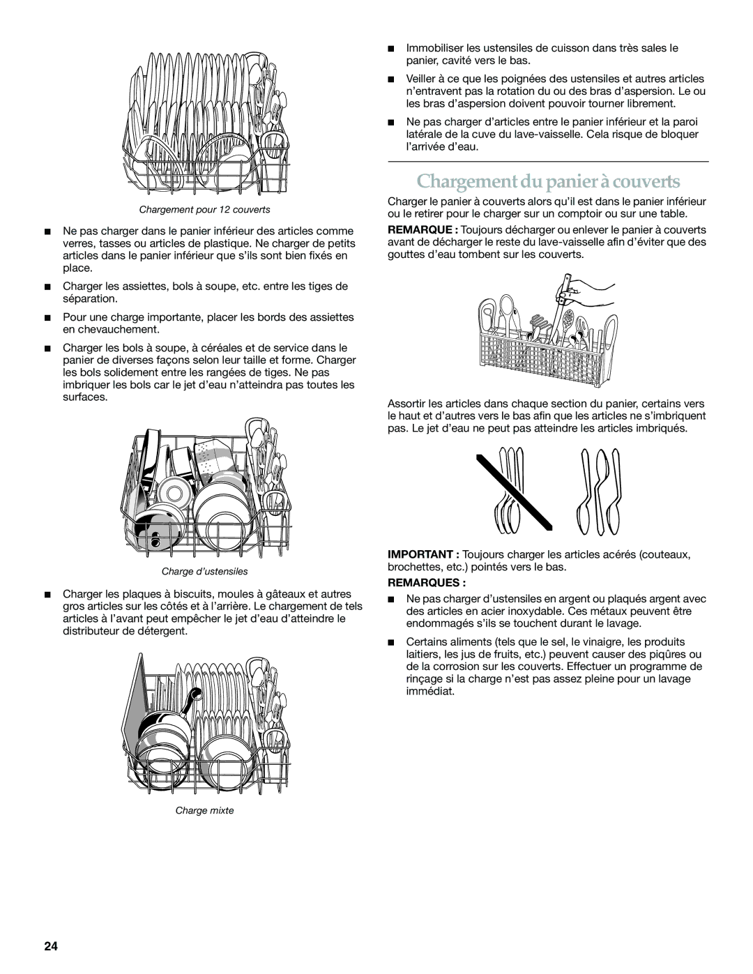 KitchenAid KUDS01FK manual Chargement du panier à couverts, Remarques 