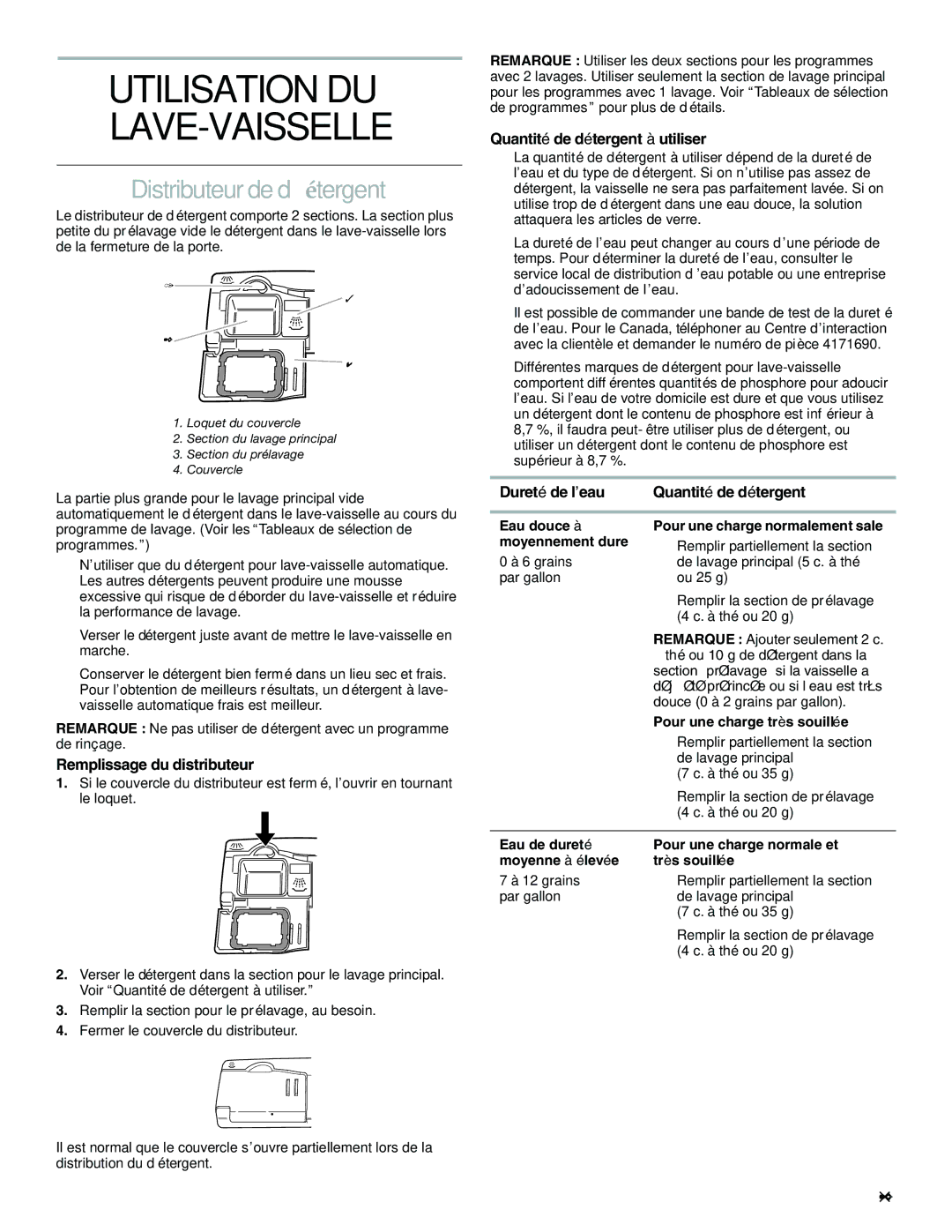 KitchenAid KUDS01FK manual Distributeur de détergent, Remplissage du distributeur, Quantité de détergent à utiliser 