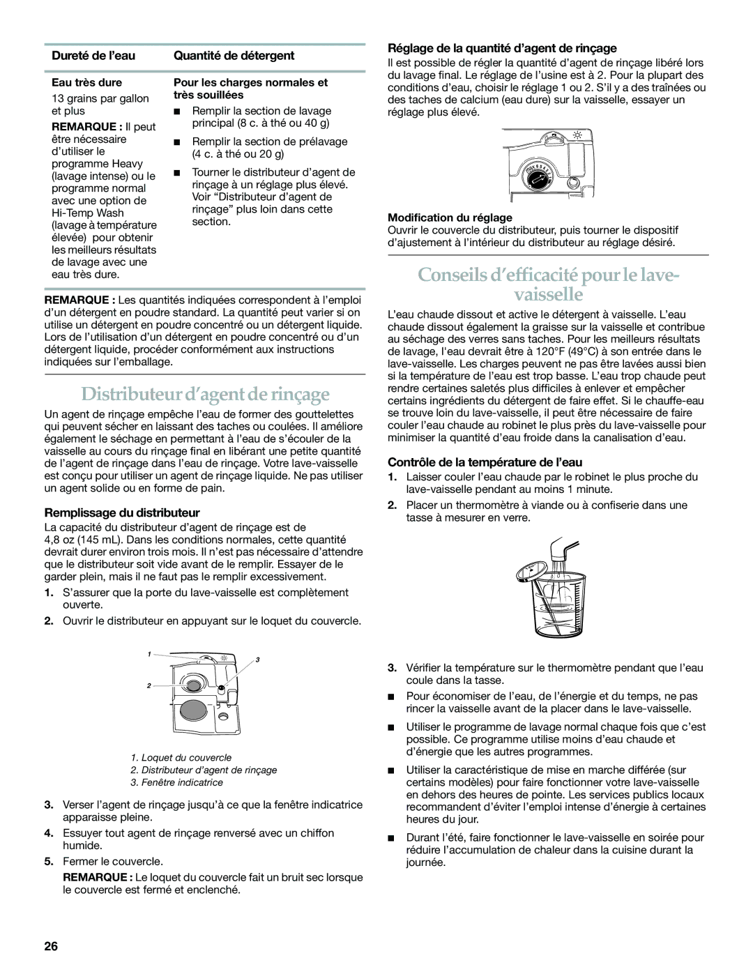 KitchenAid KUDS01FK manual Conseils d’efficacité pour le lave, Distributeur d’agent de rinçage, Vaisselle 