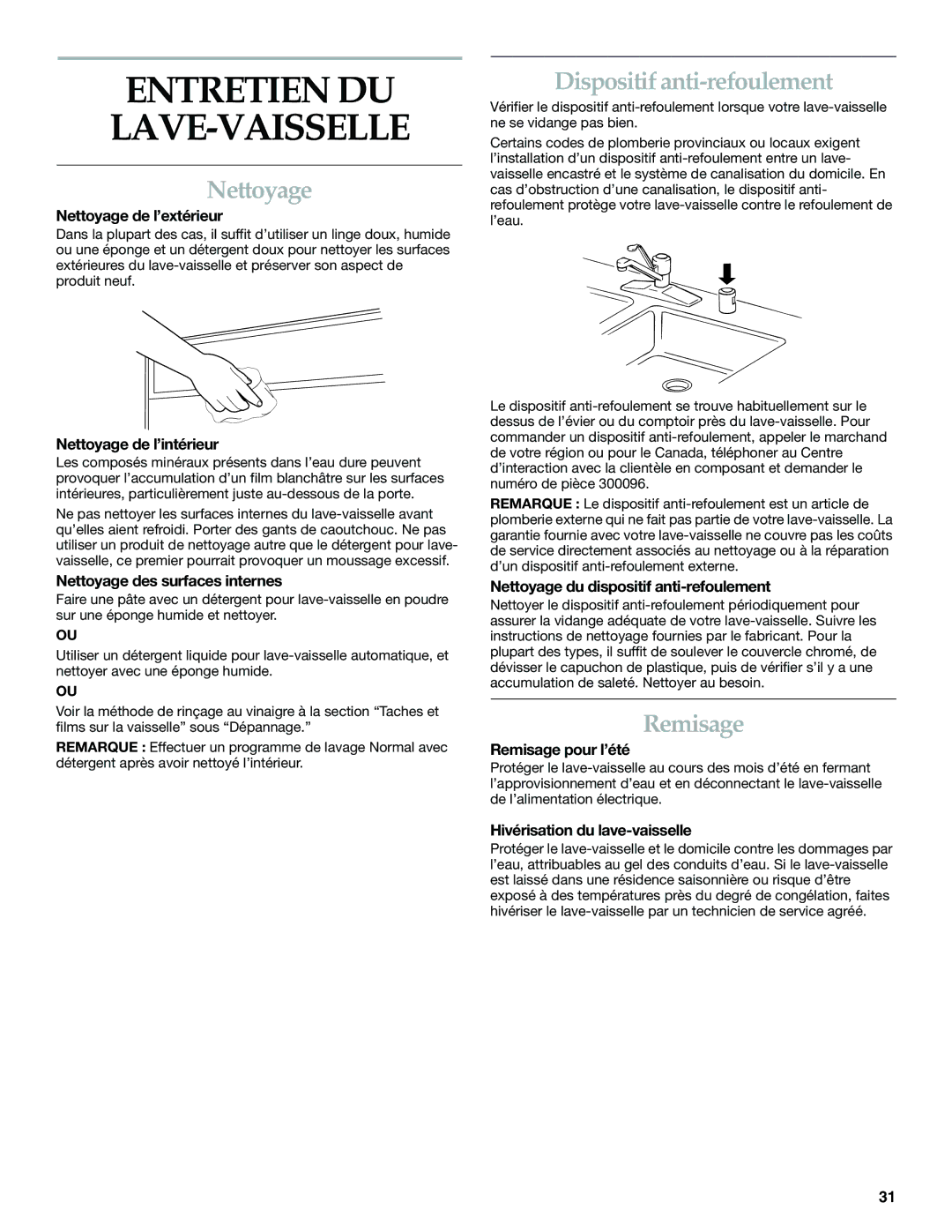 KitchenAid KUDS01FK manual Entretien DU LAVE-VAISSELLE, Nettoyage, Dispositif anti-refoulement, Remisage 