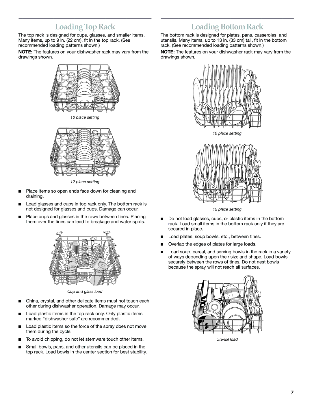 KitchenAid KUDS01FK manual Loading Top Rack, Loading Bottom Rack 