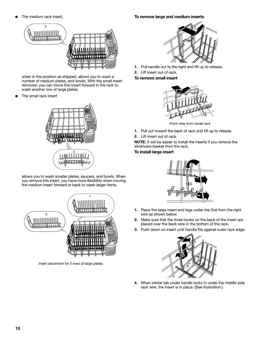 KitchenAid KUDS01FL manual To remove large and medium inserts, To remove small insert, To install large insert 