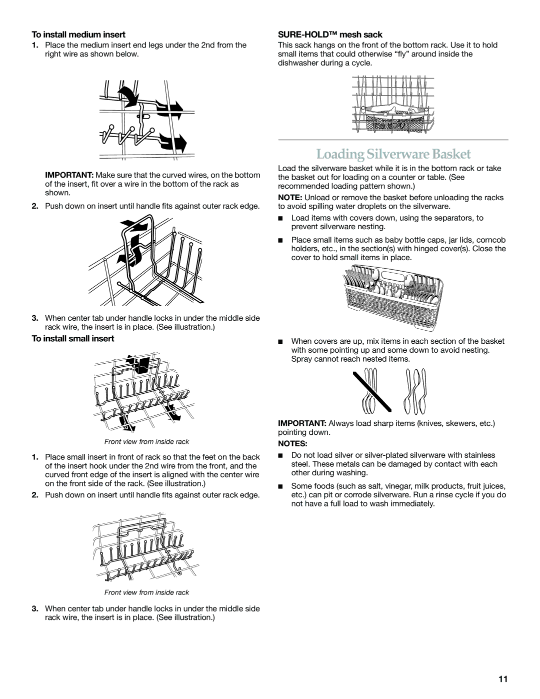 KitchenAid KUDS01FL Loading Silverware Basket, To install medium insert, To install small insert, SURE-HOLD mesh sack 