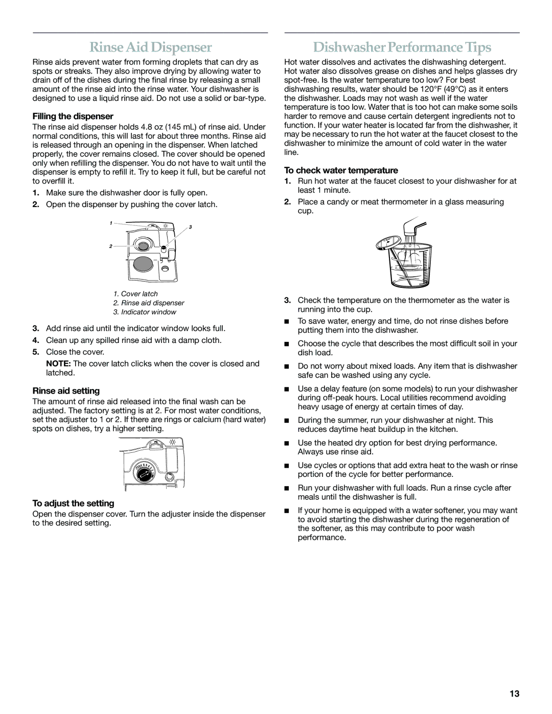 KitchenAid KUDS01FL manual Rinse Aid Dispenser, Dishwasher Performance Tips, Rinse aid setting, To adjust the setting 