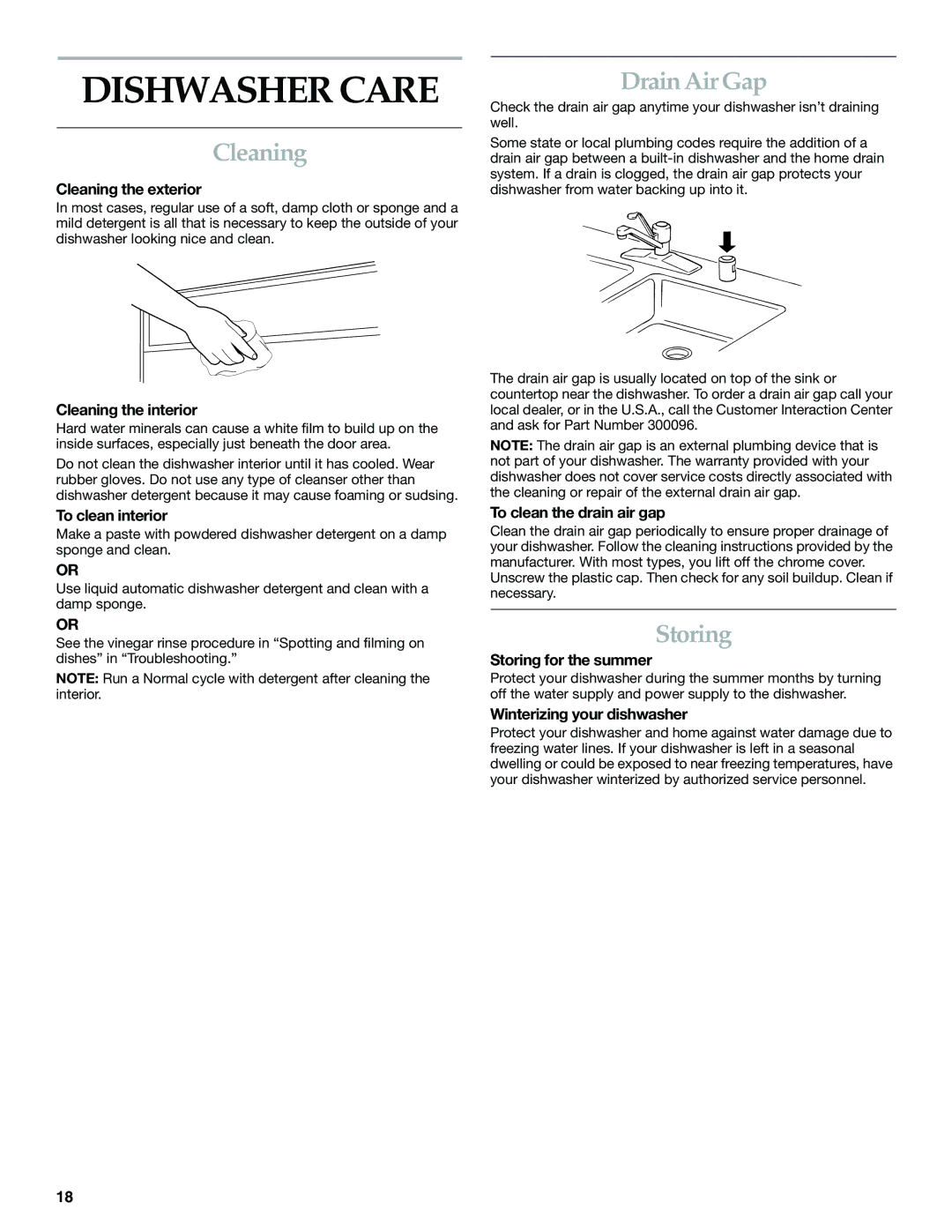 KitchenAid KUDS01FL manual Dishwasher Care, Cleaning, Drain Air Gap, Storing 