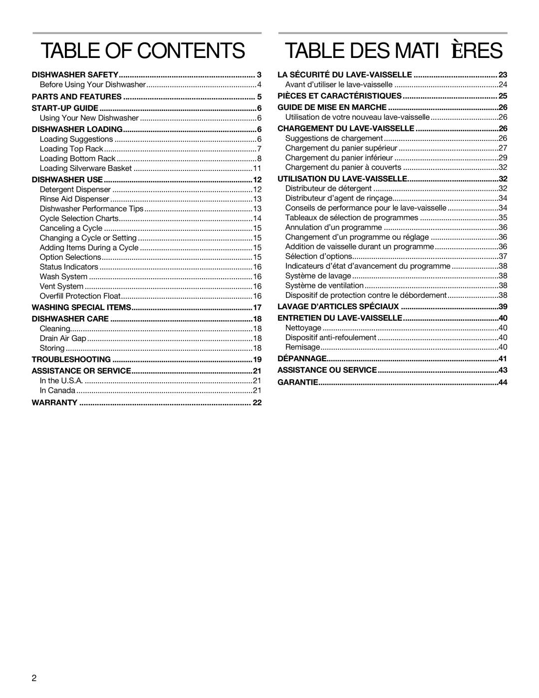 KitchenAid KUDS01FL manual Table of Contents, Table DES Matières 