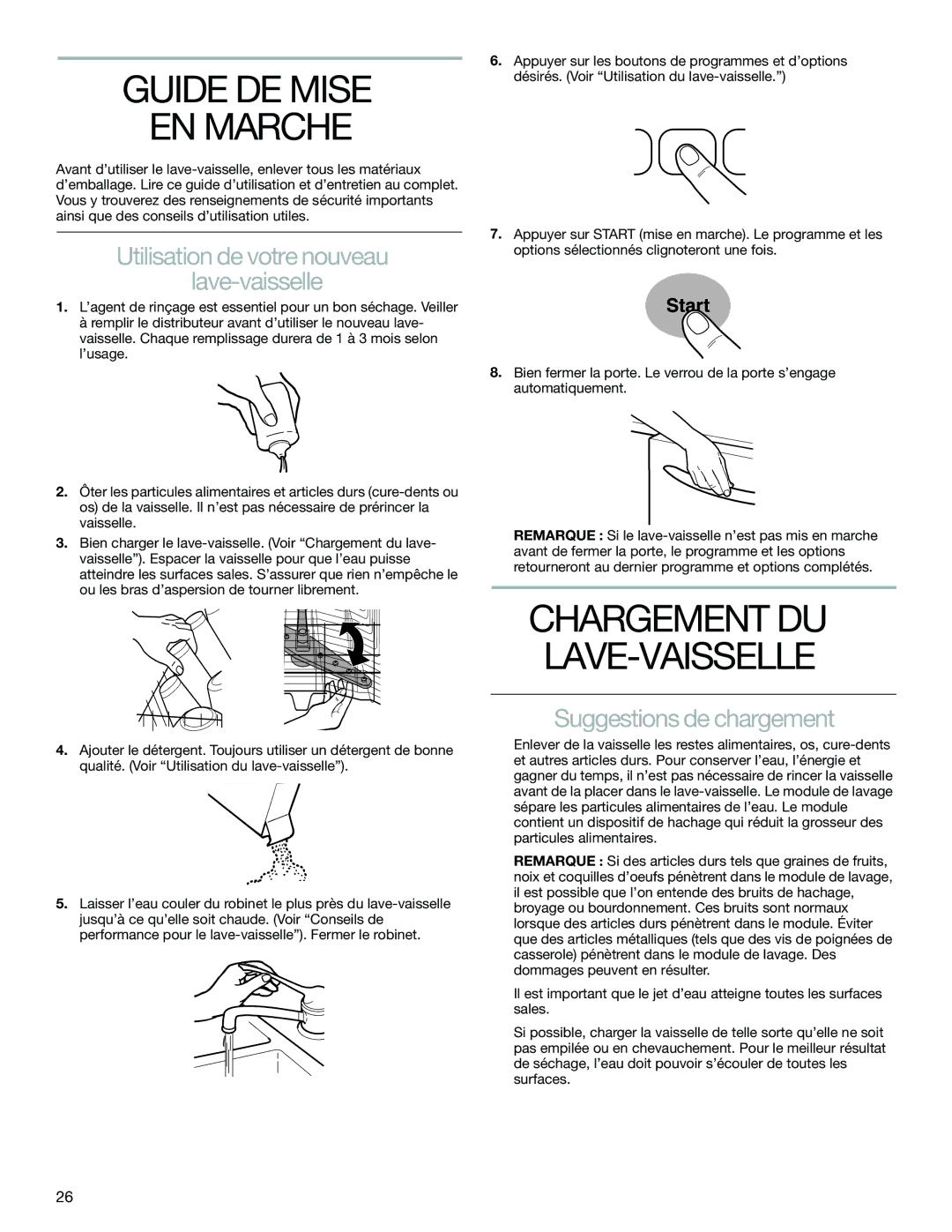 KitchenAid KUDS01FL manual Guide DE Mise EN Marche, Utilisation de votre nouveau Lave-vaisselle, Suggestions de chargement 