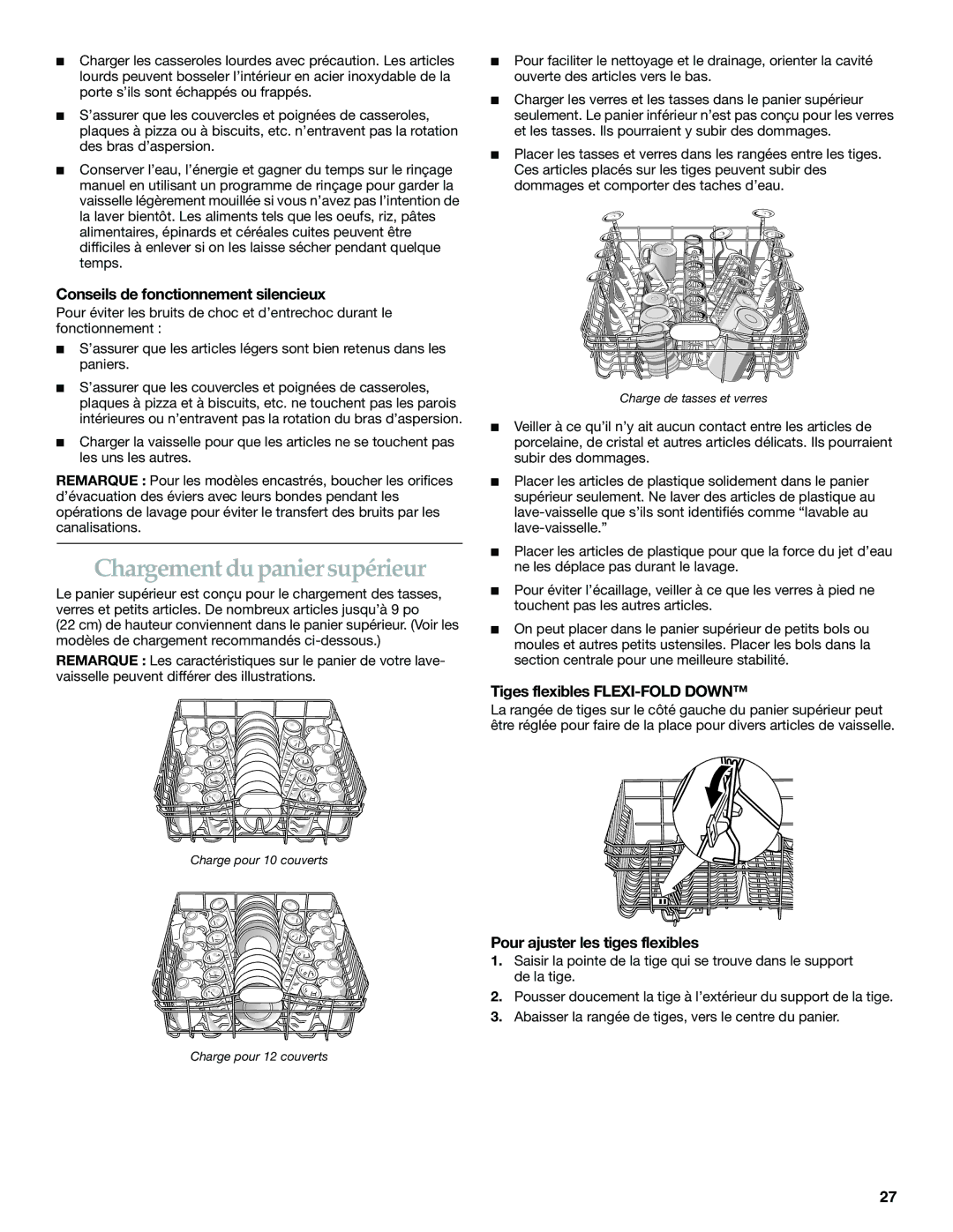 KitchenAid KUDS01FL Chargement du panier supérieur, Conseils de fonctionnement silencieux, Tiges flexibles FLEXI-FOLD Down 