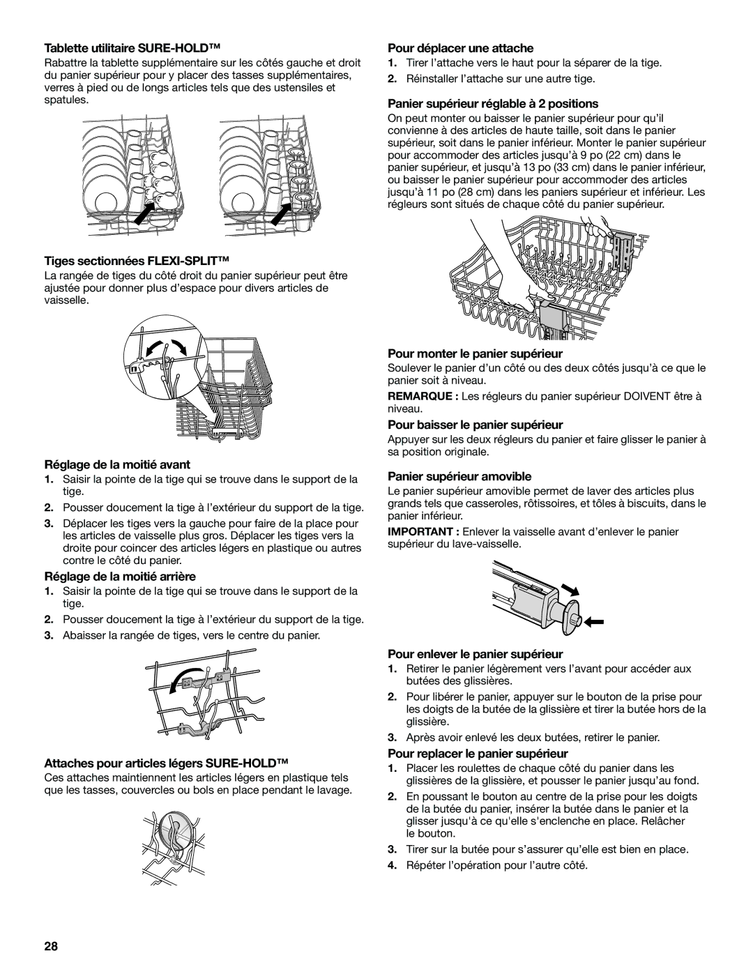 KitchenAid KUDS01FL manual Tablette utilitaire SURE-HOLD, Tiges sectionnées FLEXI-SPLIT, Réglage de la moitié avant 