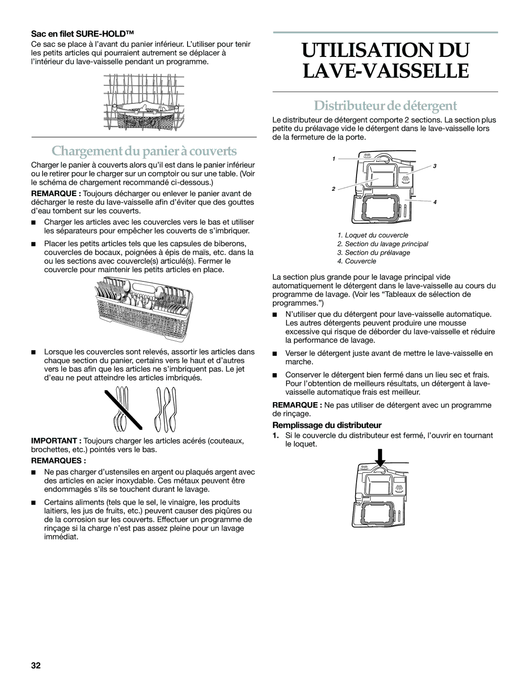 KitchenAid KUDS01FL manual Chargement du panier à couverts, Distributeur de détergent, Sac en filet SURE-HOLD 