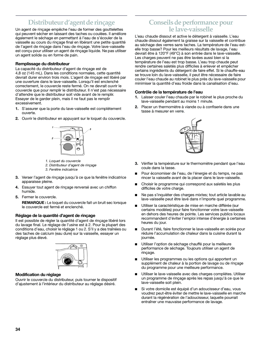 KitchenAid KUDS01FL manual Distributeur d’agent de rinçage, Conseils de performance pour Le lave-vaisselle 