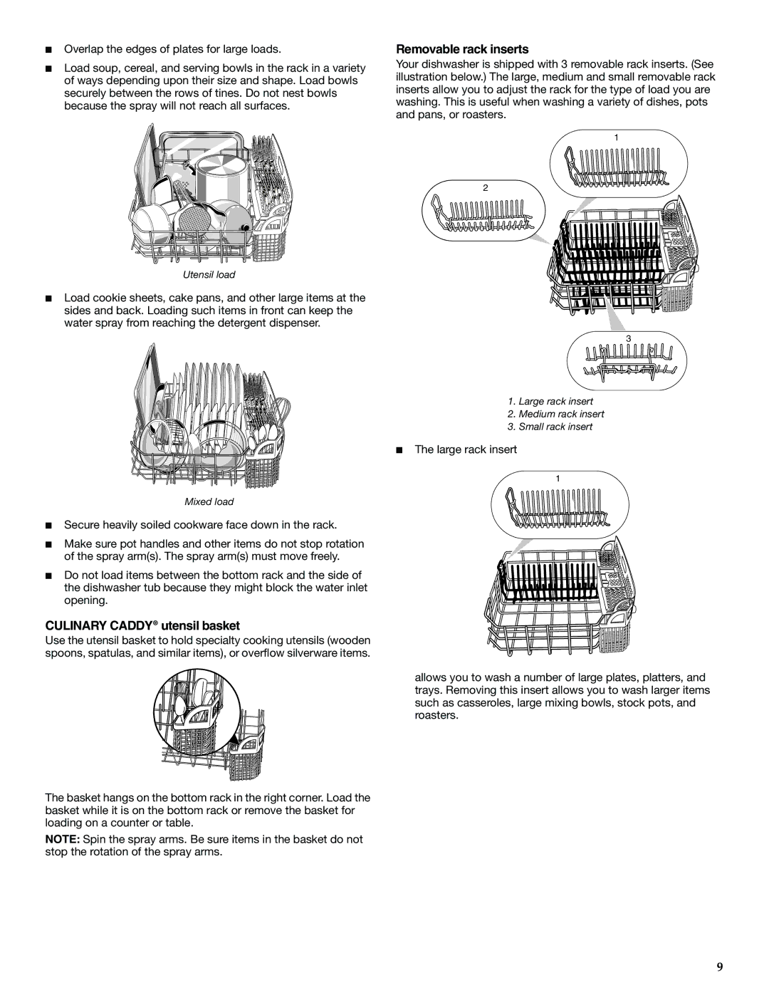 KitchenAid KUDS01FL manual Culinary Caddy utensil basket, Removable rack inserts 