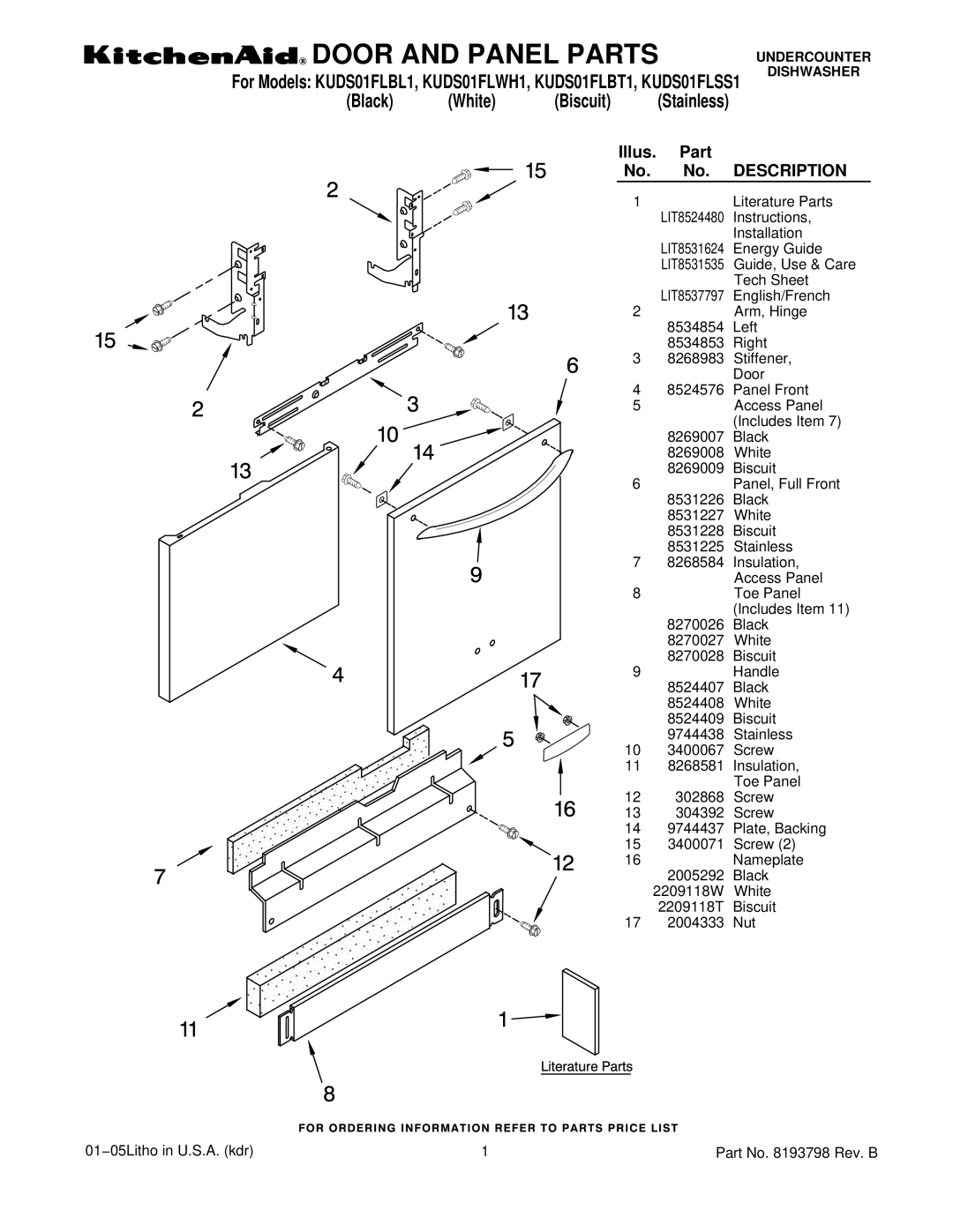 KitchenAid KUDS01FLSS1, KUDS01FLWH1, KUDS01FLBT1, KUDS01FLBL1 manual Door and Panel Parts 