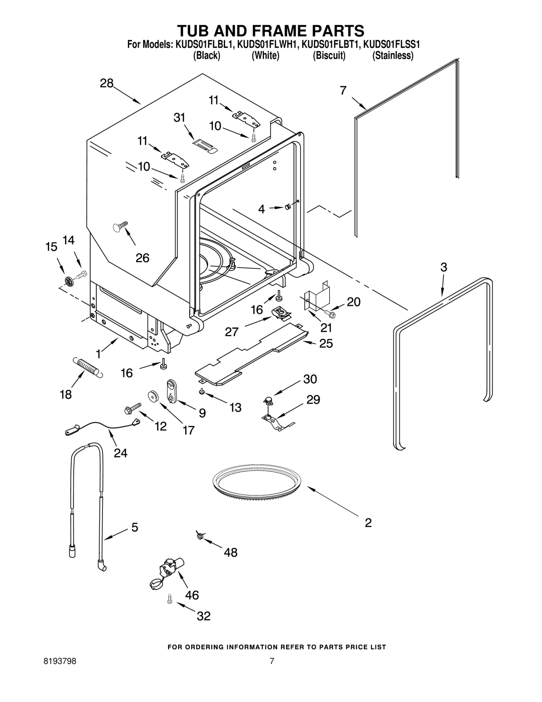 KitchenAid KUDS01FLBL1, KUDS01FLWH1, KUDS01FLSS1, KUDS01FLBT1 manual TUB and Frame Parts 