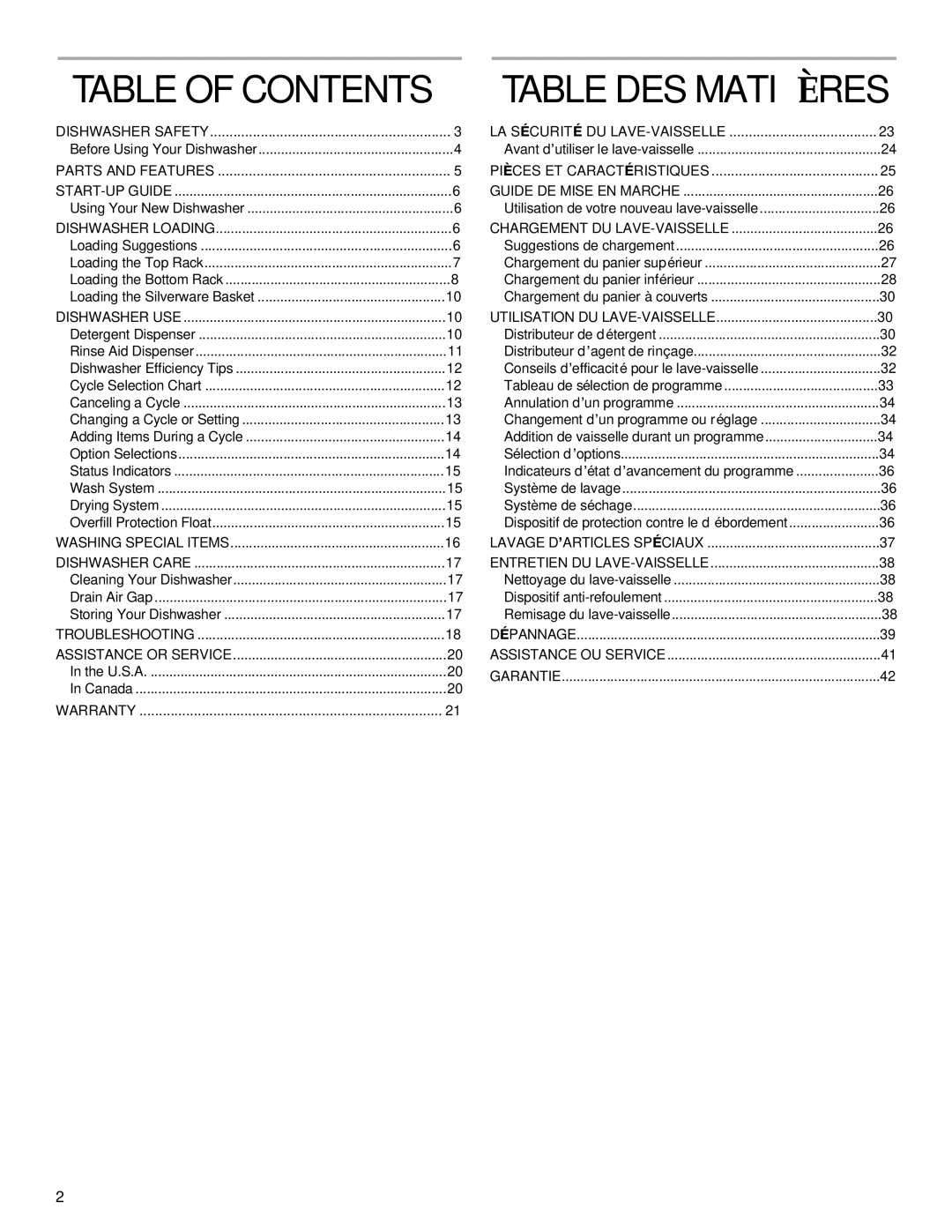 KitchenAid KUDS01IJ manual Table of Contents, Table DES Matières 