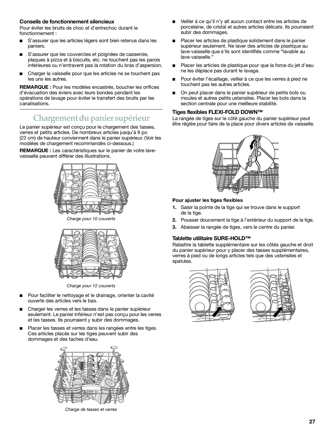 KitchenAid KUDS01IJ Chargement du panier supérieur, Conseils de fonctionnement silencieux, Tiges flexibles FLEXI-FOLD Down 