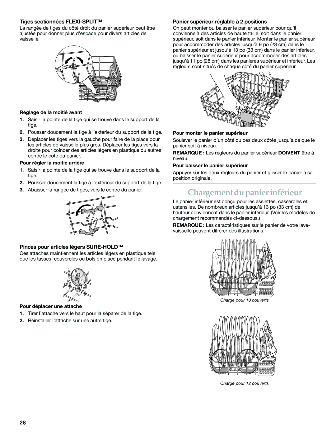 KitchenAid KUDS01IJ Chargement du panier inférieur, Tiges sectionnées FLEXI-SPLIT, Pinces pour articles légers SURE-HOLD 