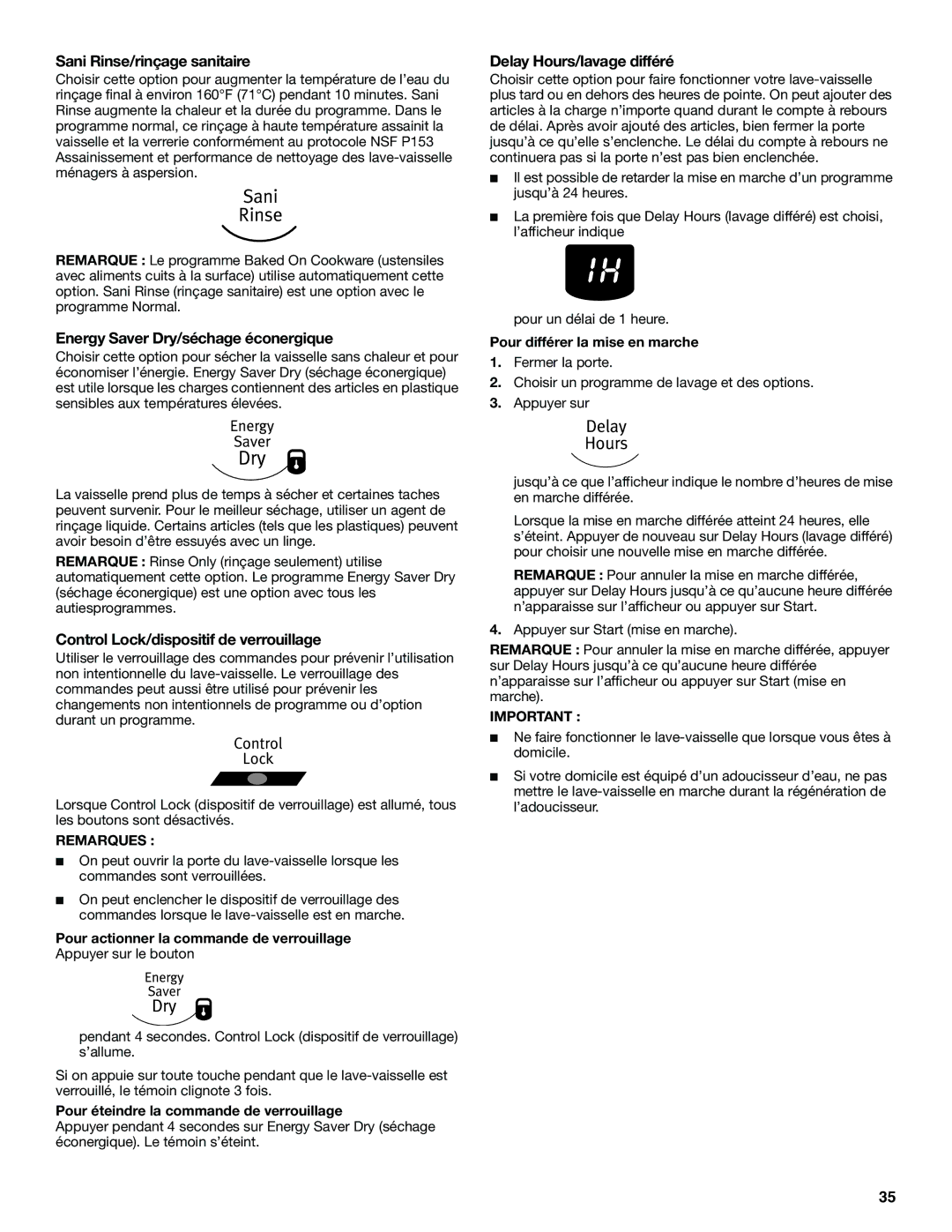 KitchenAid KUDS01IJ manual Sani Rinse/rinçage sanitaire, Energy Saver Dry/séchage éconergique, Delay Hours/lavage différé 