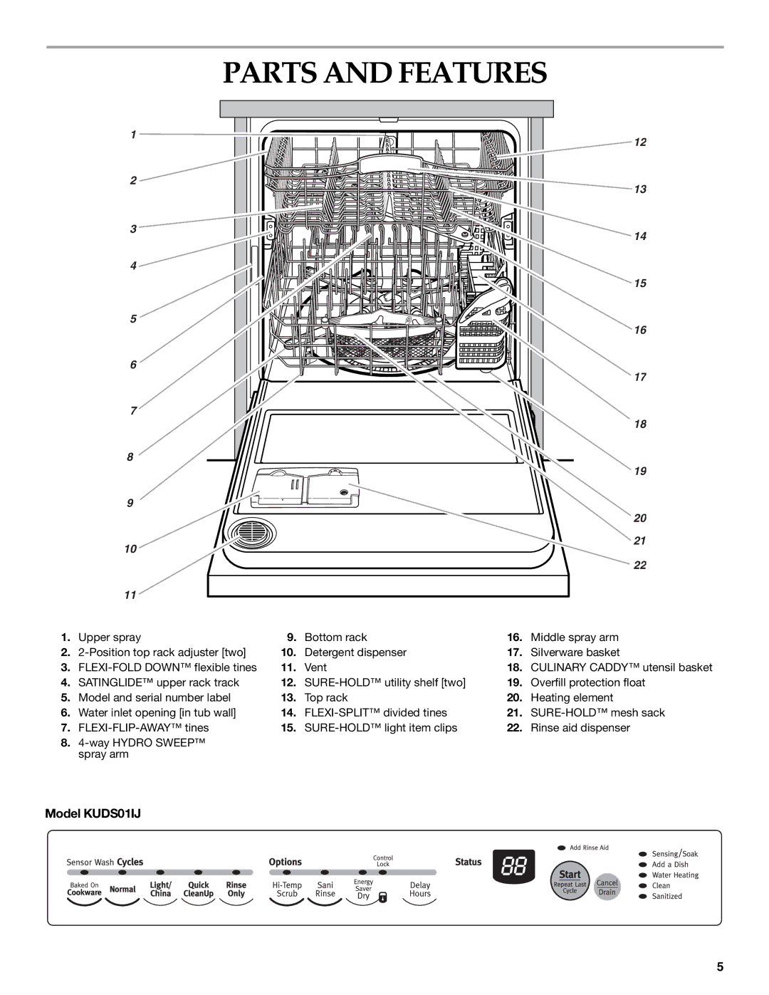 KitchenAid manual Parts and Features, Model KUDS01IJ 