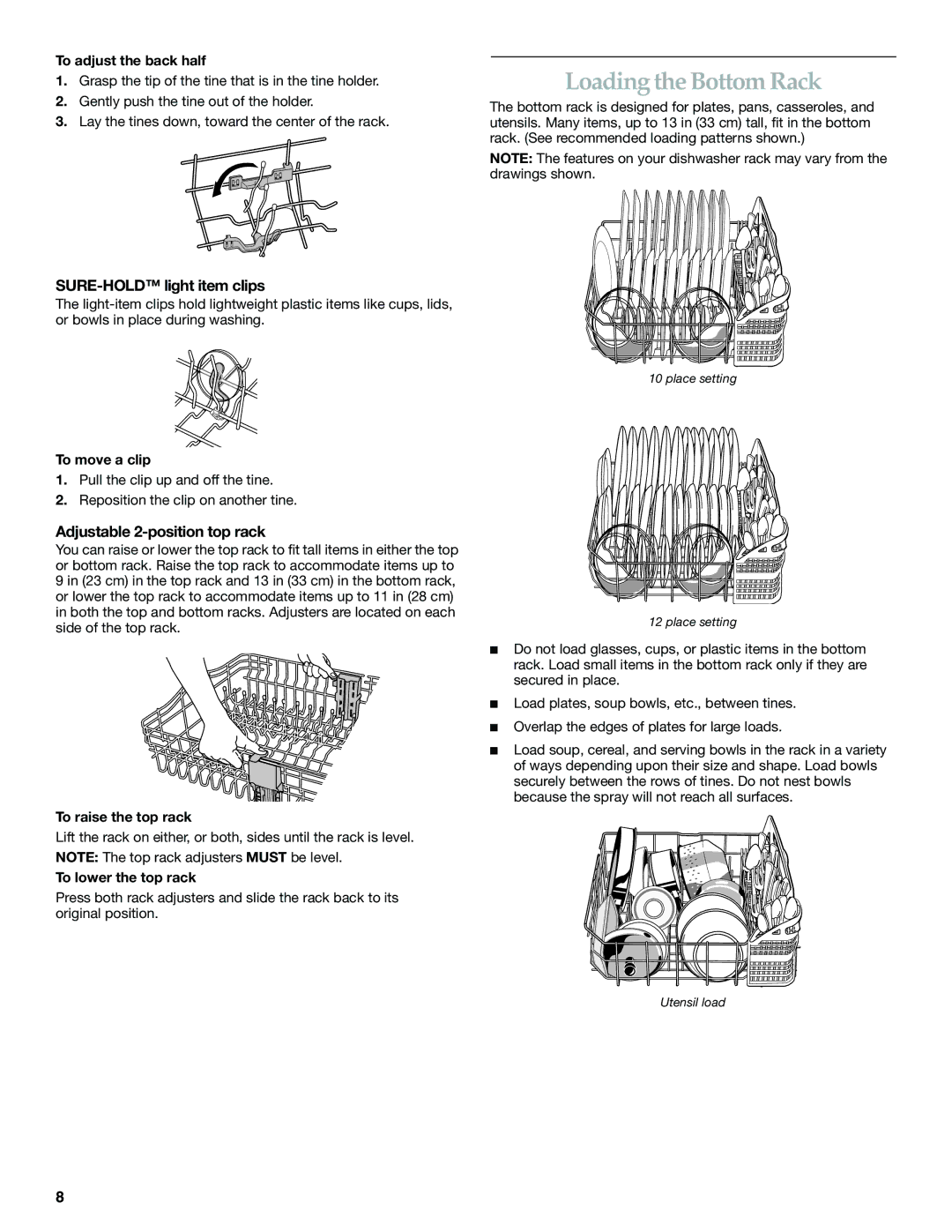 KitchenAid KUDS01IJ manual Loading the Bottom Rack, SURE-HOLD light item clips, Adjustable 2-position top rack 