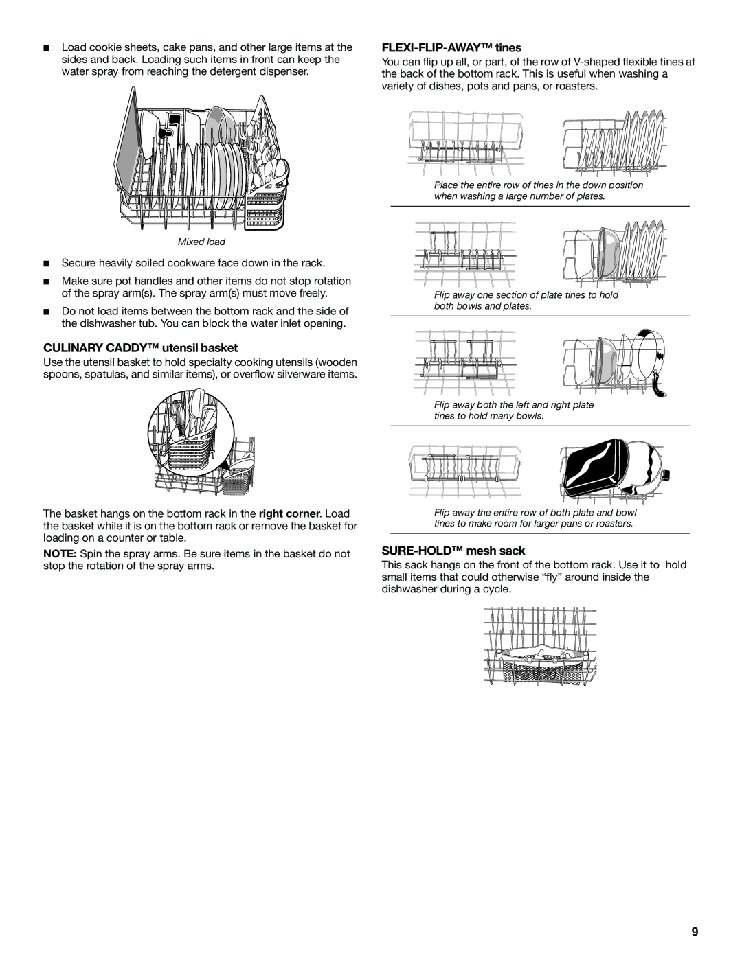 KitchenAid KUDS01IJ manual FLEXI-FLIP-AWAY tines, Culinary Caddy utensil basket, SURE-HOLD mesh sack 