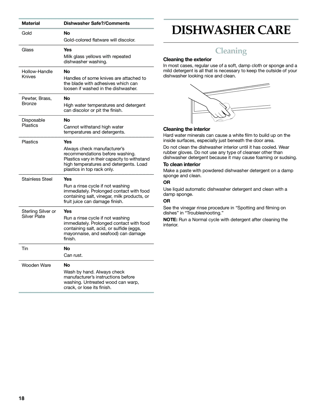 KitchenAid KUDS01IL manual Dishwasher Care, Cleaning the exterior, Cleaning the interior, To clean interior 