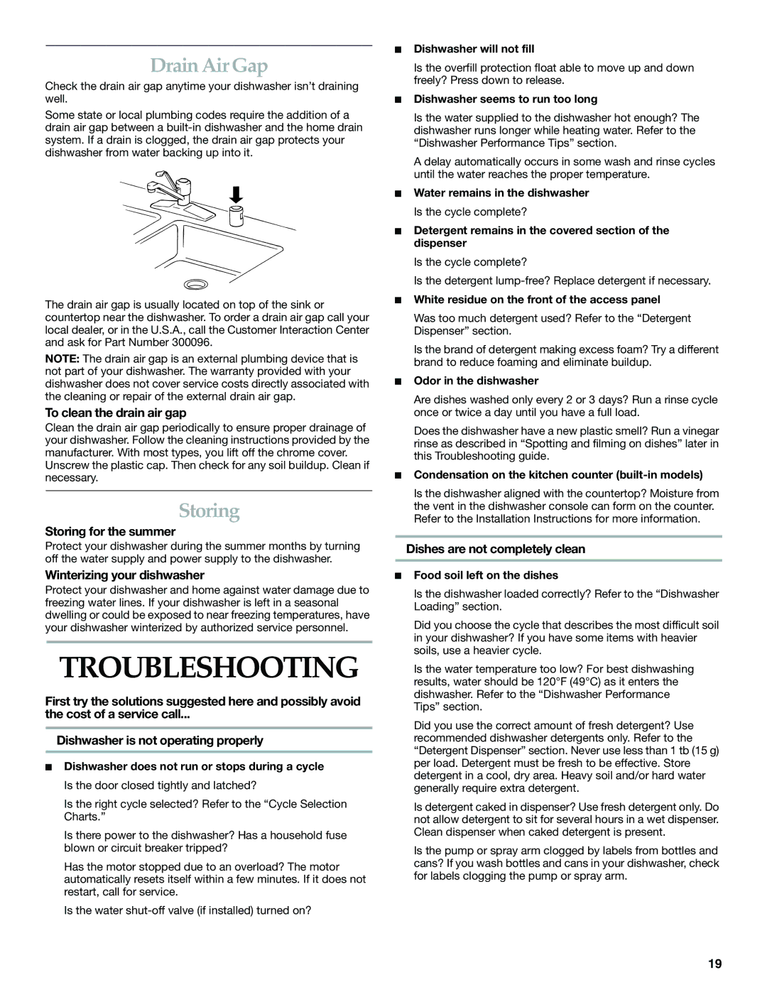 KitchenAid KUDS01IL manual Troubleshooting, Drain Air Gap, Storing 