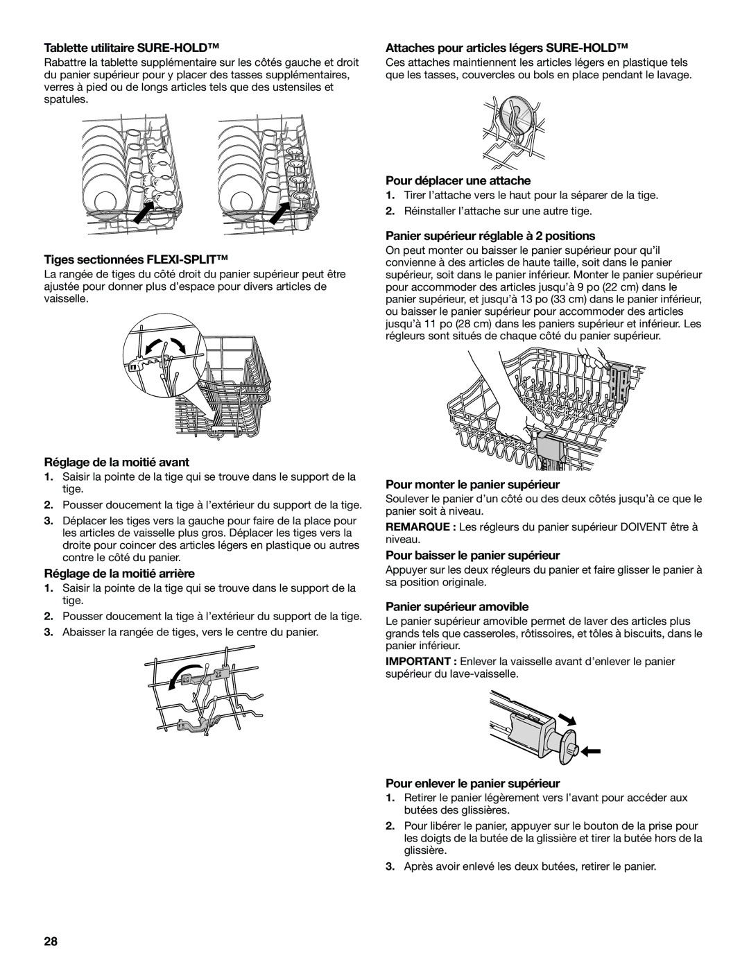 KitchenAid KUDS01IL manual Tablette utilitaire SURE-HOLD, Tiges sectionnées FLEXI-SPLIT, Réglage de la moitié avant 