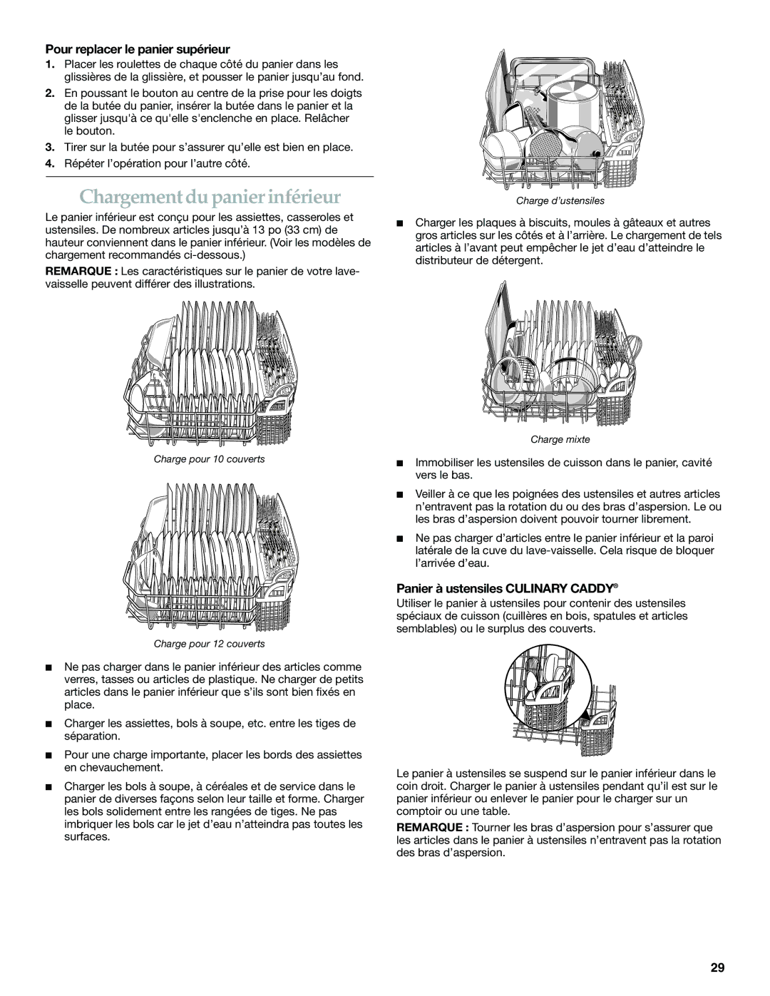 KitchenAid KUDS01IL Chargement du panier inférieur, Pour replacer le panier supérieur, Panier à ustensiles Culinary Caddy 