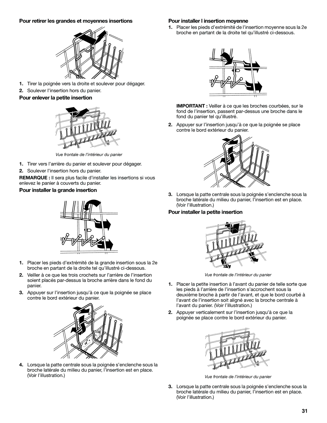 KitchenAid KUDS01IL manual Pour retirer les grandes et moyennes insertions, Pour enlever la petite insertion 