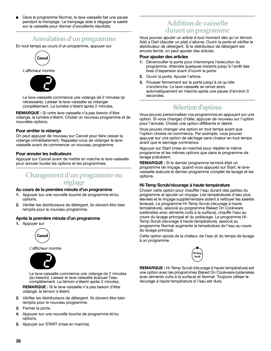 KitchenAid KUDS01IL manual Annulation d’un programme, Changement d’un programme ou Réglage, Sélection d’options 