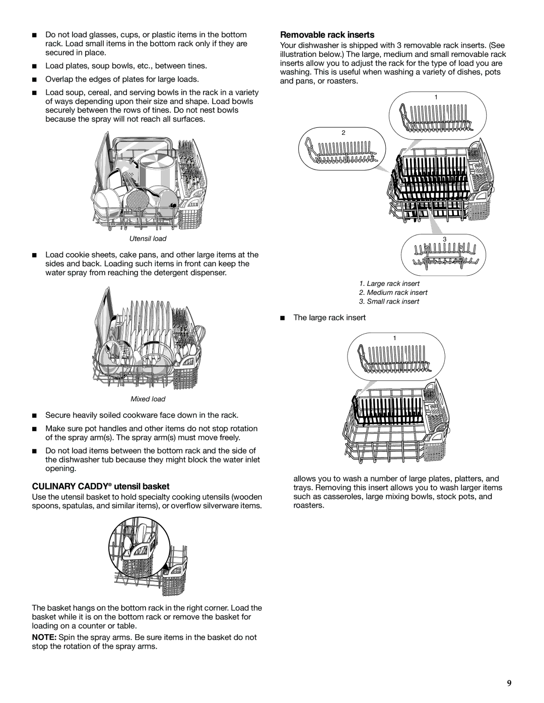 KitchenAid KUDS01IL manual Culinary Caddy utensil basket, Removable rack inserts 