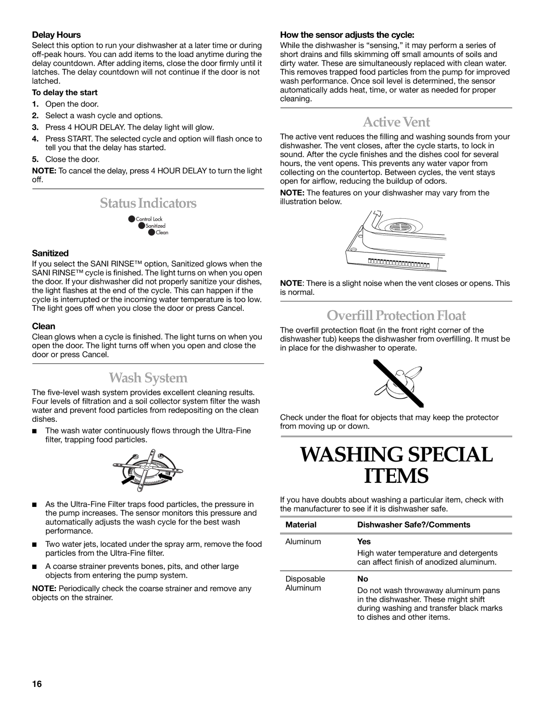 KitchenAid KUDS01VM manual Washing Special Items, Status Indicators, Active Vent, Overfill Protection Float, Wash System 