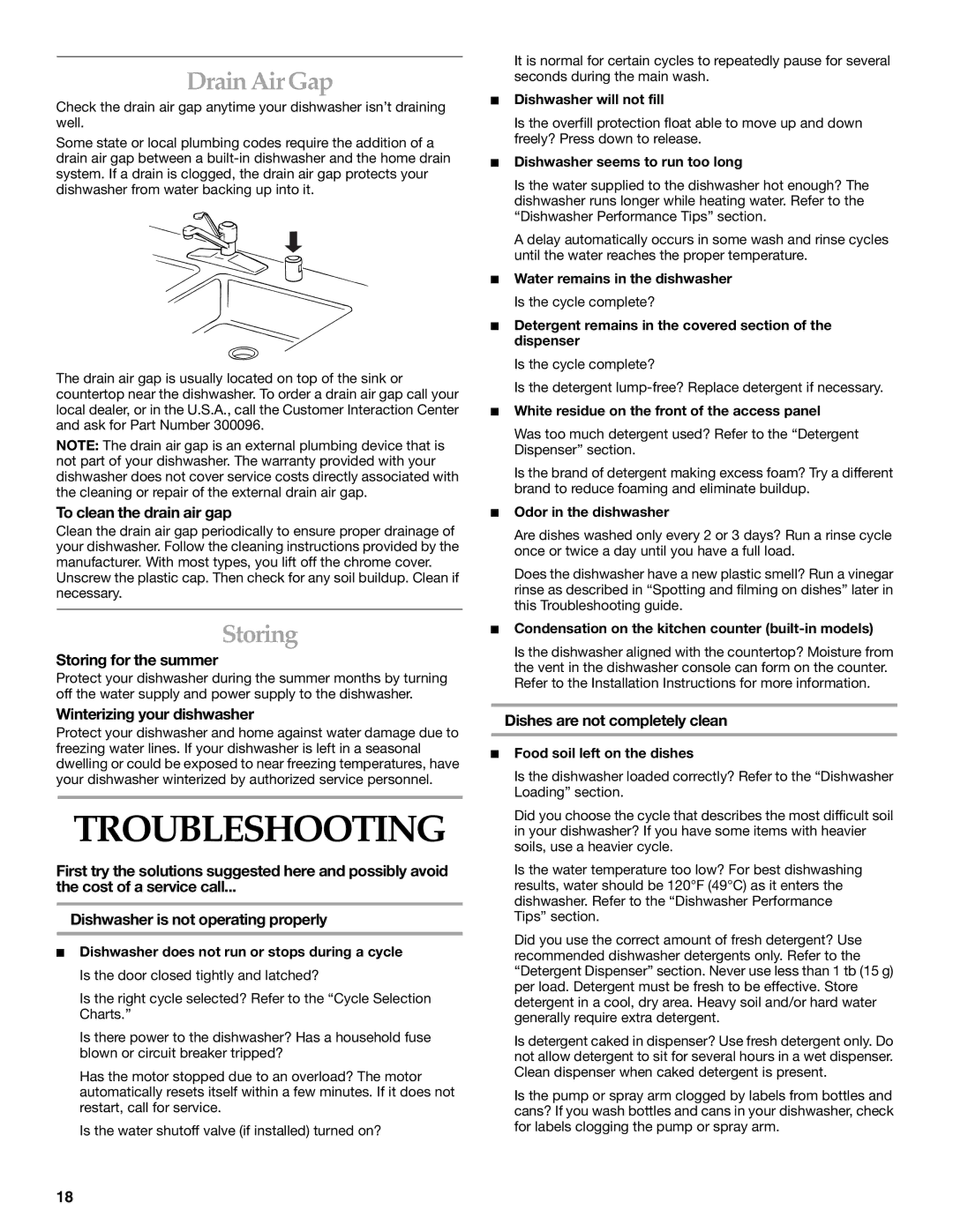 KitchenAid KUDS01VM manual Troubleshooting, Drain Air Gap, Storing 