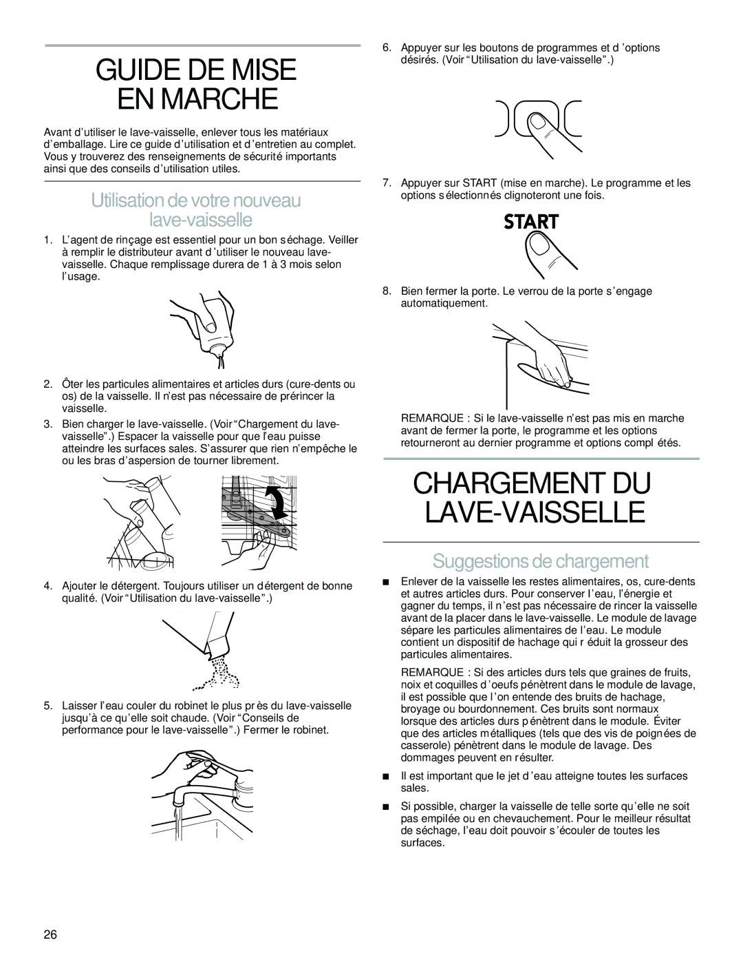 KitchenAid KUDS01VM manual Guide DE Mise EN Marche, Utilisation de votre nouveau Lave-vaisselle, Suggestions de chargement 