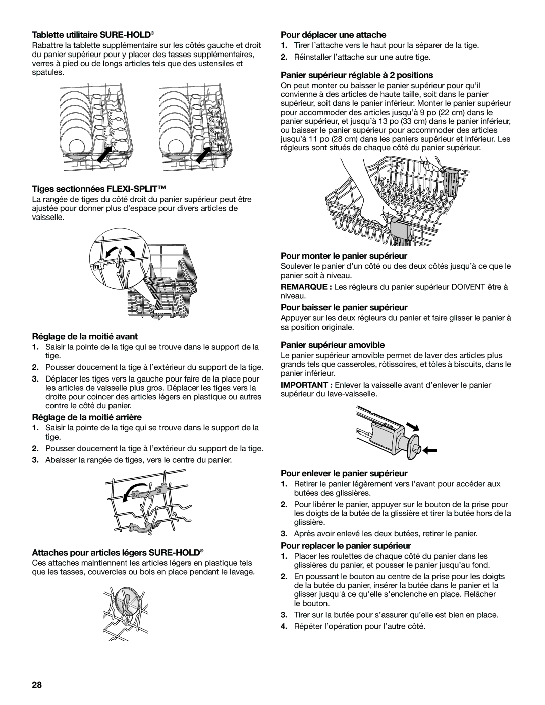 KitchenAid KUDS01VM manual Tablette utilitaire SURE-HOLD, Tiges sectionnées FLEXI-SPLIT, Réglage de la moitié avant 