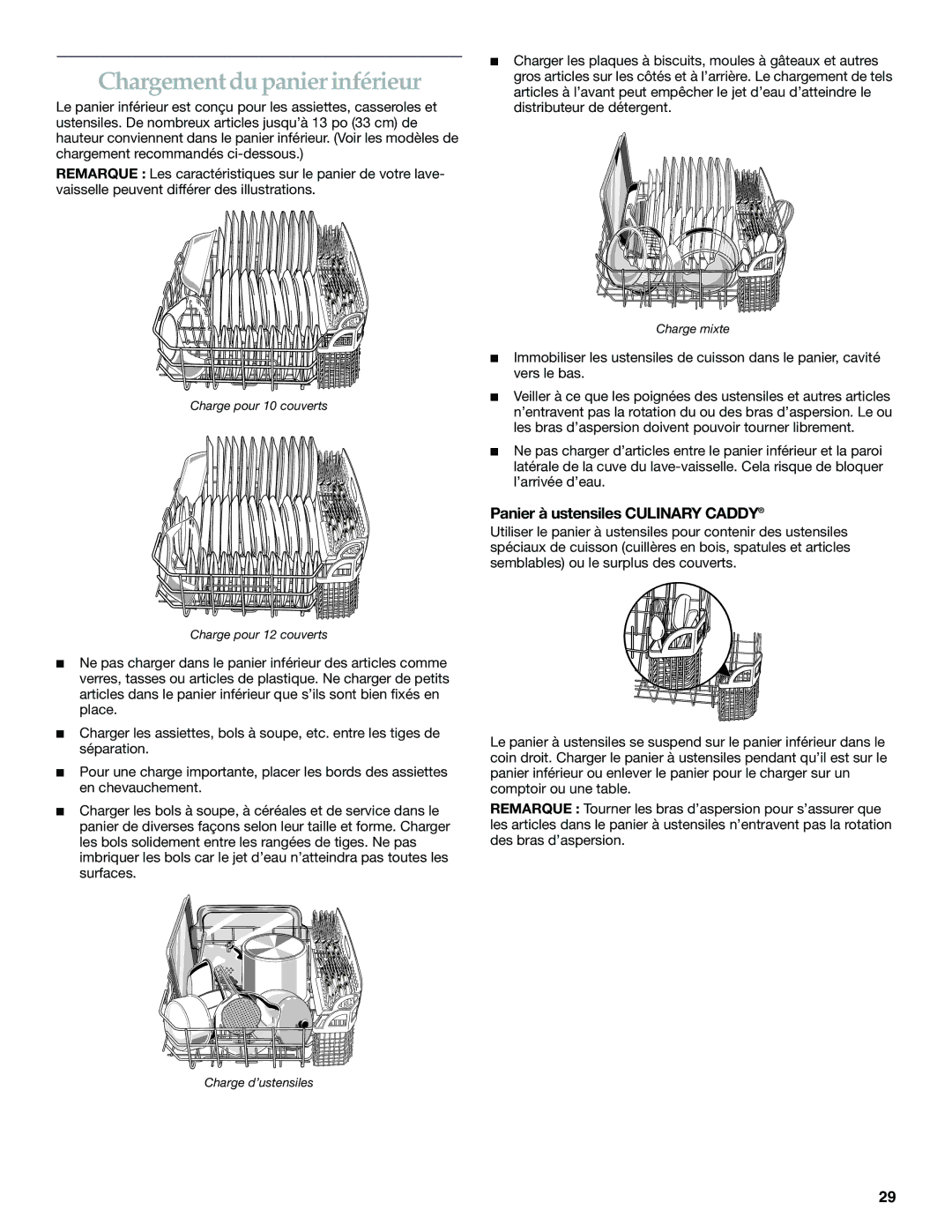 KitchenAid KUDS01VM manual Chargement du panier inférieur, Panier à ustensiles Culinary Caddy 