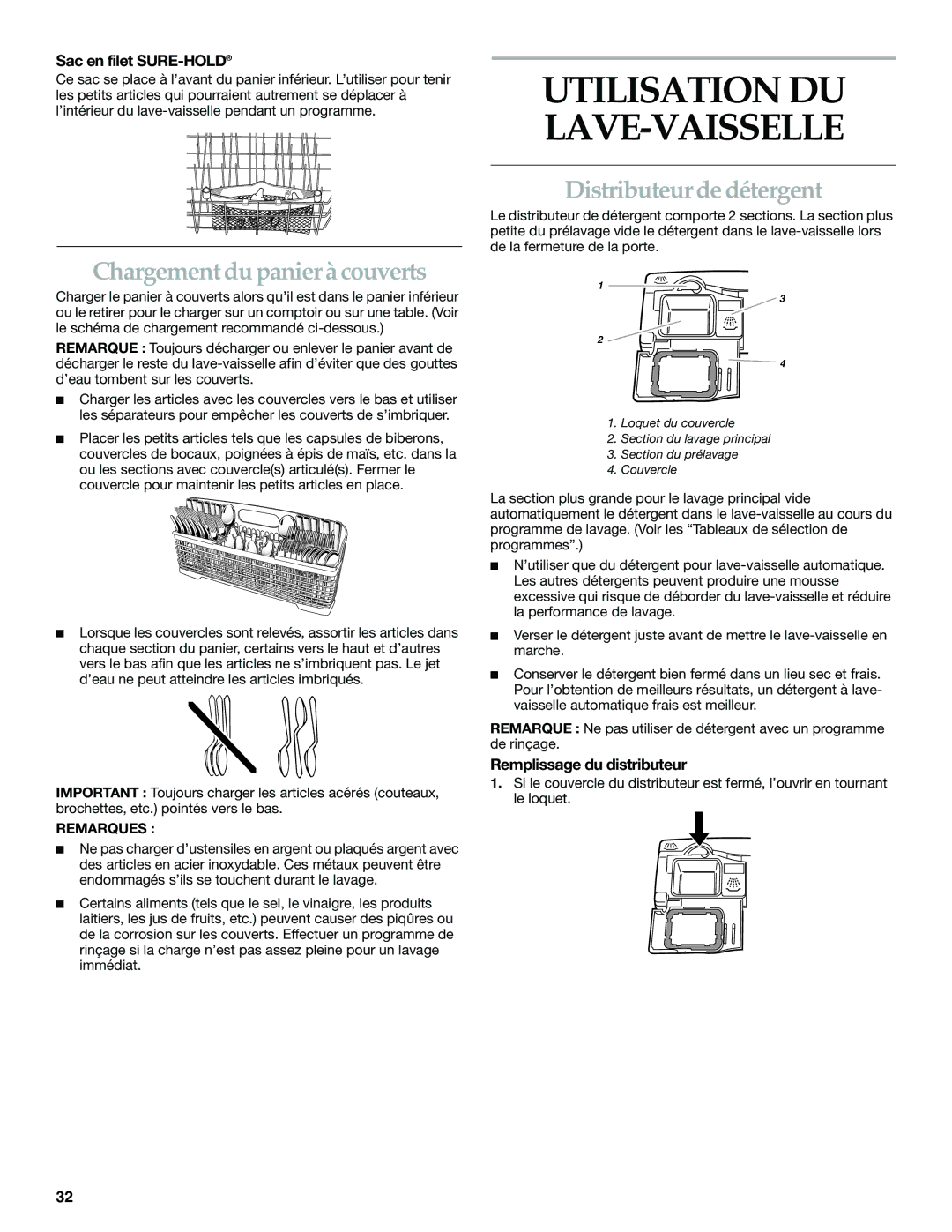 KitchenAid KUDS01VM manual Chargement du panier à couverts, Distributeur de détergent, Sac en filet SURE-HOLD 