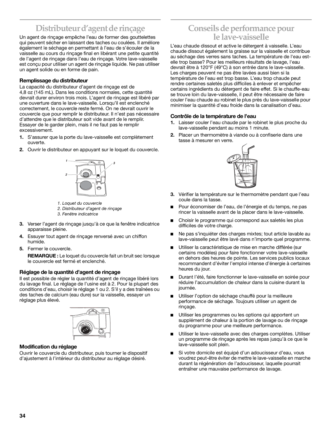 KitchenAid KUDS01VM manual Distributeur d’agent de rinçage, Conseils de performance pour Le lave-vaisselle 