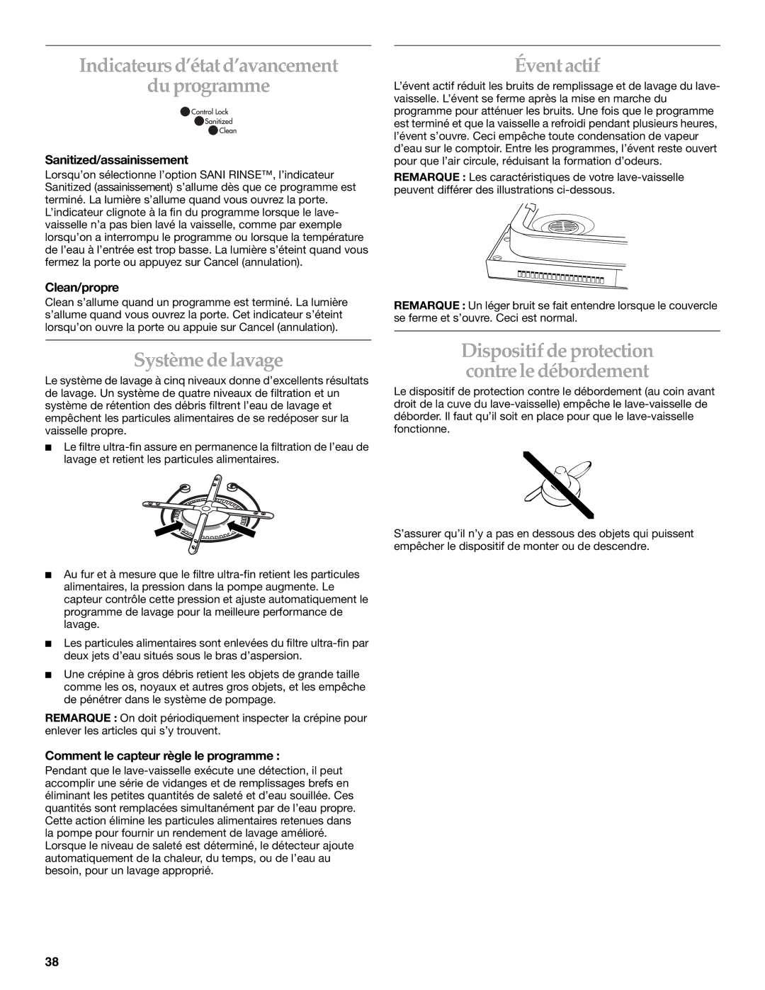 KitchenAid KUDS01VM manual Indicateurs d’état d’avancement Du programme, Système de lavage, Évent actif 