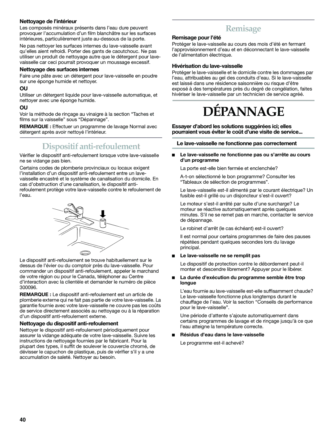 KitchenAid KUDS01VM manual Dépannage, Dispositif anti-refoulement, Remisage 