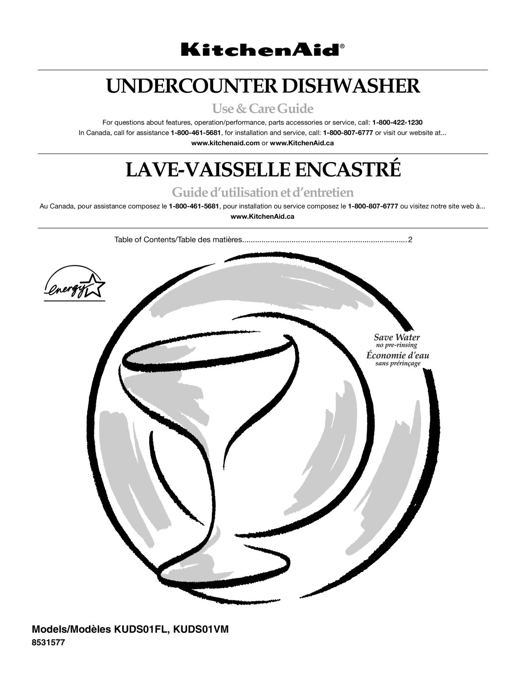 KitchenAid KUDS01VM manual Undercounter Dishwasher, Lave-Vaisselle Encastré, Use &CareGuide 