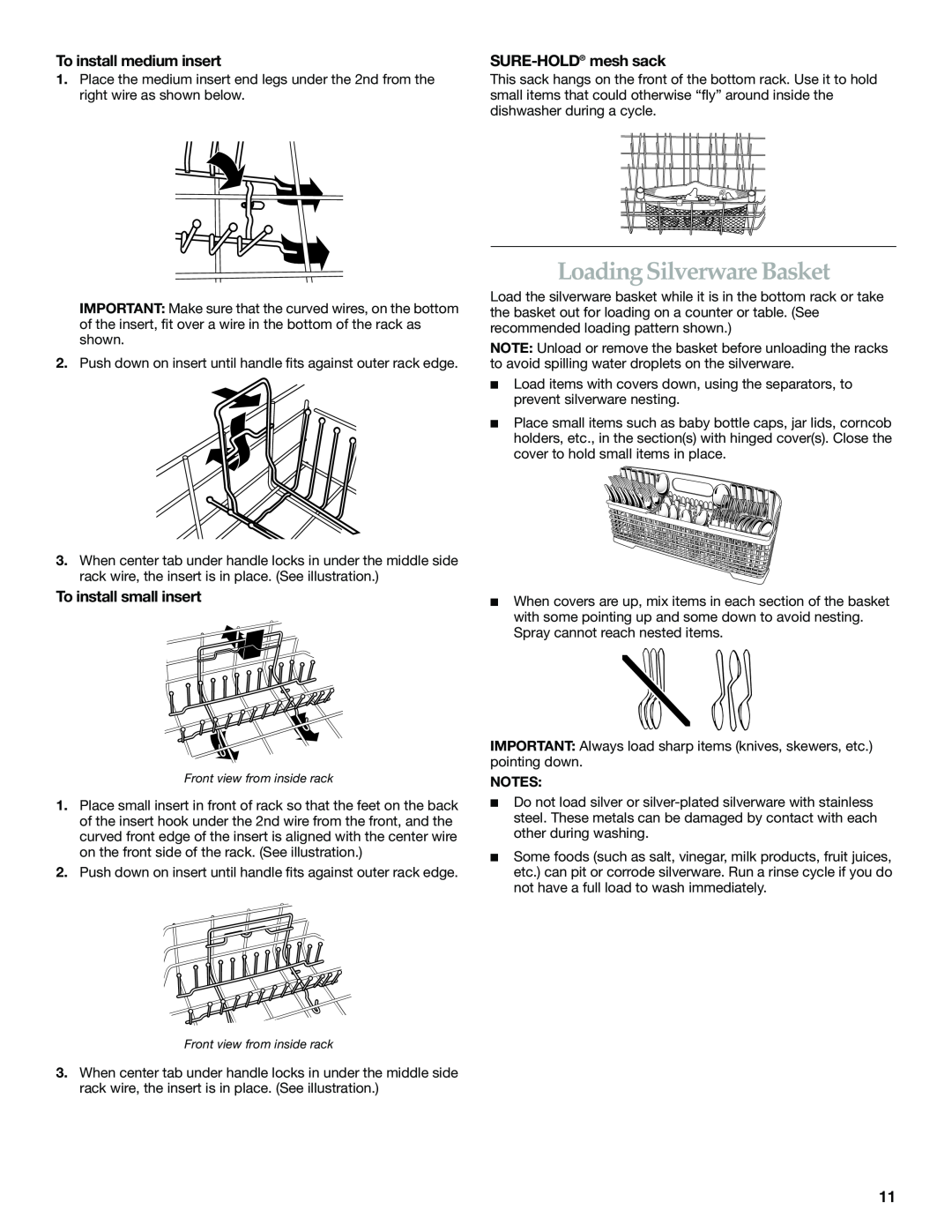 KitchenAid KUDS01VM Loading Silverware Basket, To install medium insert, To install small insert, SURE-HOLD mesh sack 