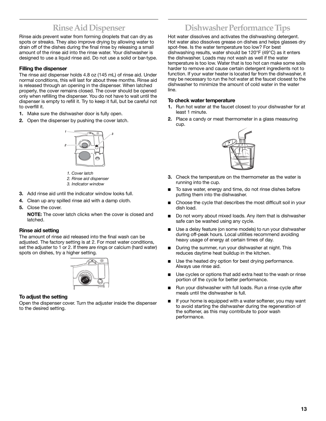 KitchenAid KUDS01VM manual Rinse Aid Dispenser, Dishwasher Performance Tips, Rinse aid setting, To adjust the setting 