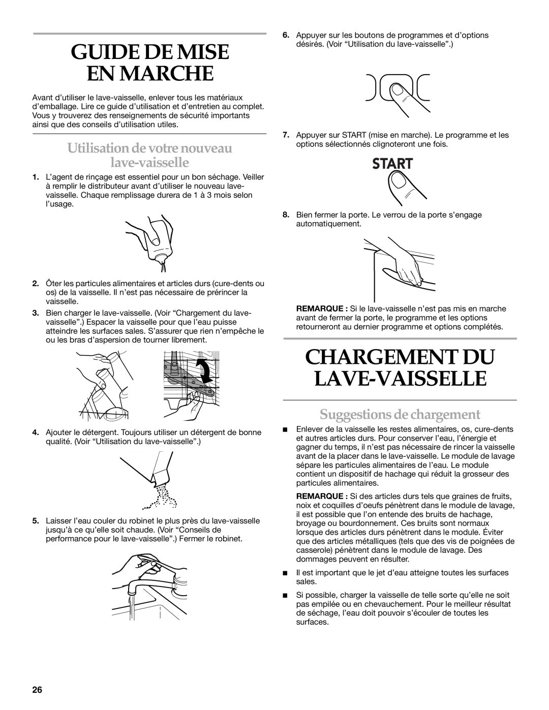 KitchenAid KUDS01VM manual Guide De Mise En Marche, Utilisation de votre nouveau lave-vaisselle, Suggestions de chargement 