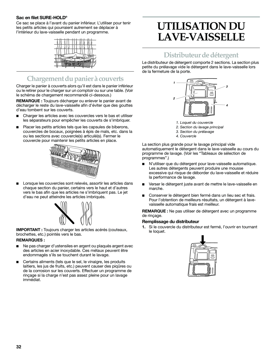 KitchenAid KUDS01VM manual Chargement du panier à couverts, Distributeur de détergent, Sac en filet SURE-HOLD, Remarques 