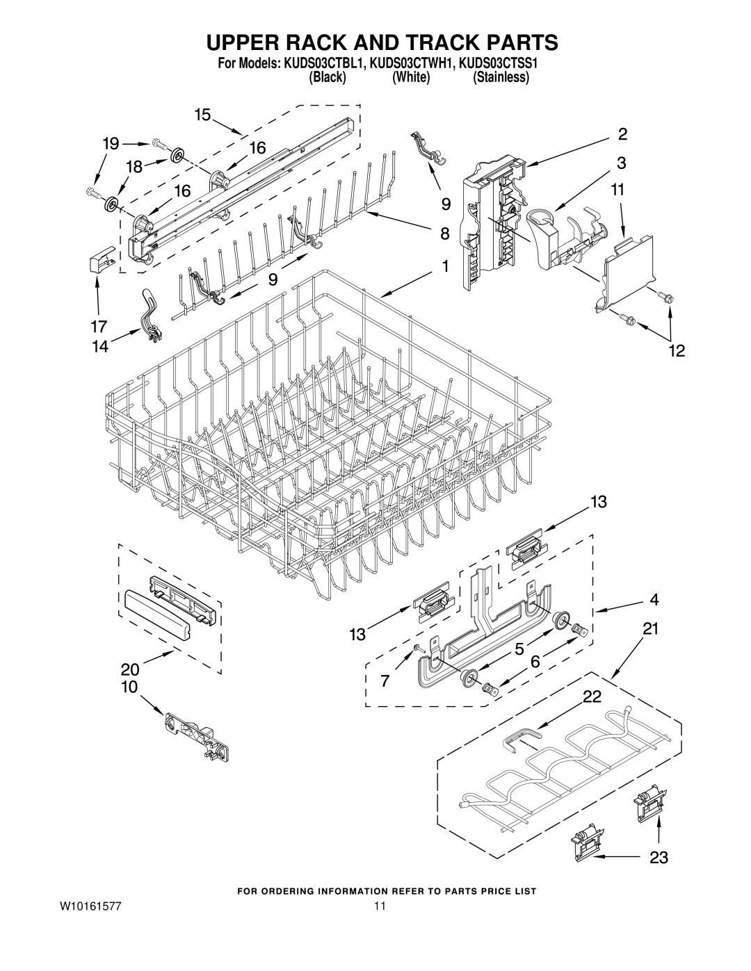 KitchenAid KUDS03CTBL1, KUDS03CTWH1, KUDS03CTSS1 manual Upper Rack and Track Parts 