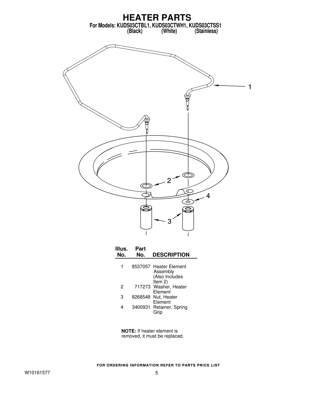 KitchenAid KUDS03CTBL1, KUDS03CTWH1, KUDS03CTSS1 manual Heater Parts 