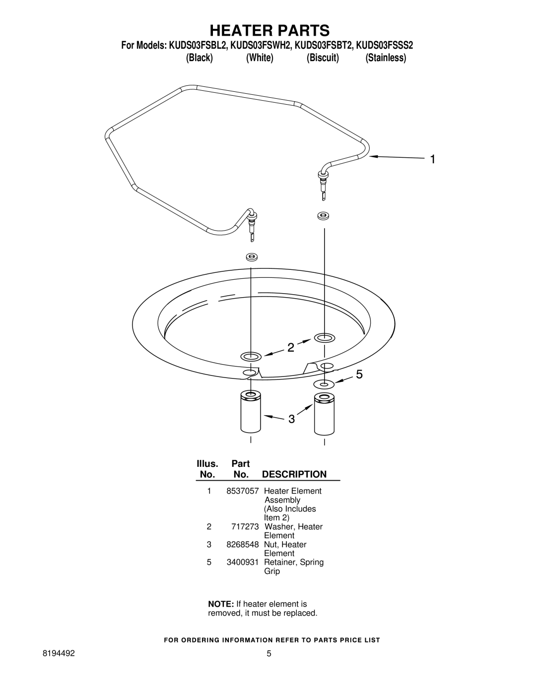 KitchenAid KUDS03FSBT2, KUDS03FSBL2, KUDS03FSWH2, KUDS03FSSS2 manual Heater Parts 